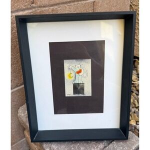 Framed Art Black Whimsical Cat Kitten Kitty Moon Heart Holographic 8 x 10